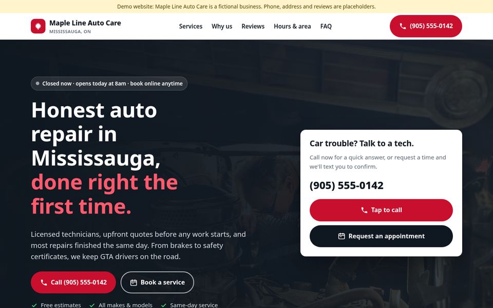 Screenshot of a sample auto repair website with a call button, booking button and a quick-contact card