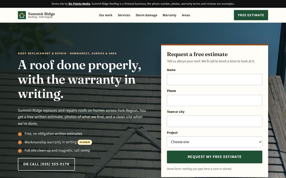 Screenshot of a sample roofing website with a free estimate form beside the headline